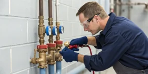 Technician performing backflow certification testing on a prevention device.