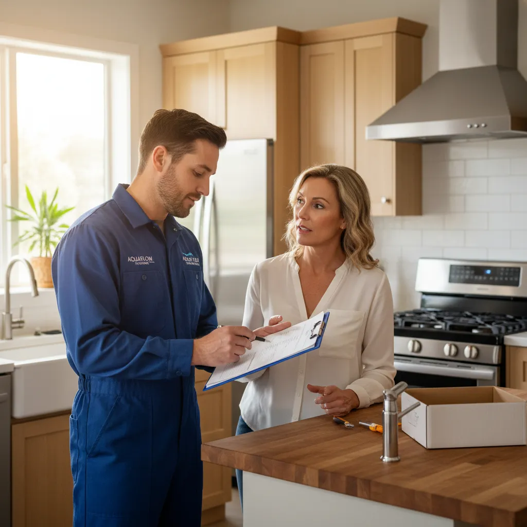 Licensed plumber discussing tankless water heater installation plans with a homeowner