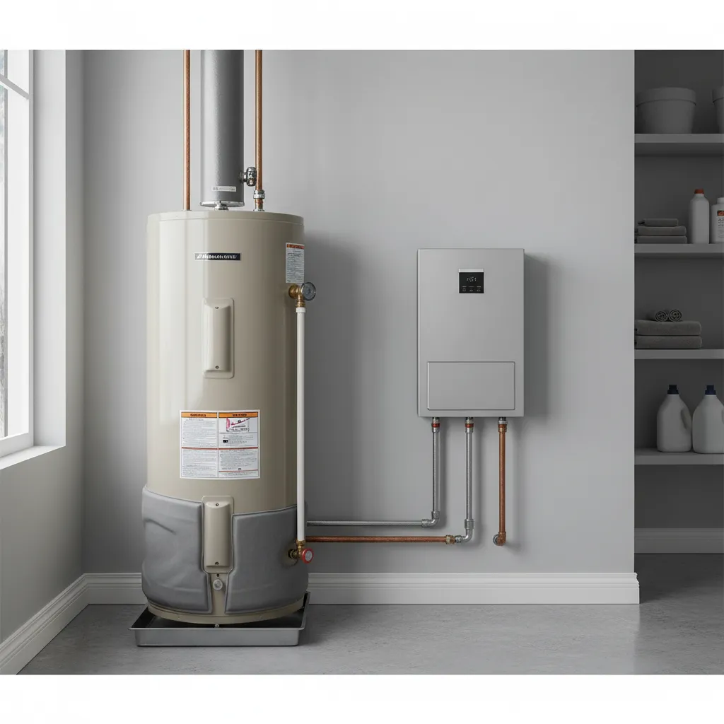 Side-by-side comparison of a traditional tank water heater and a tankless water heater