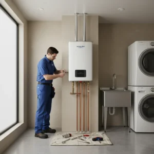 Professional plumber installing a tankless water heater on a residential wall